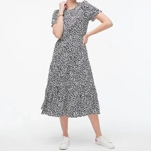 J. Crew Dresses | J Crew Puff Sleeve Tiered Midi Dress Blue White Leopard Animal Print Sz Xxs | Color: Blue/White | Size: Xxs | Terralaurie's Closet
